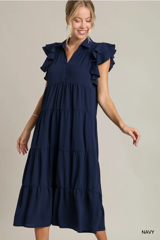 Navy blue midi ruffle sleeve dress