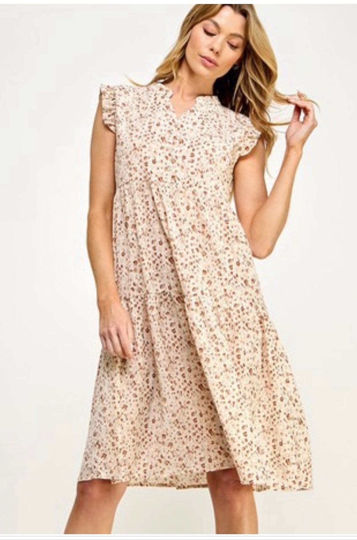 beige floral midi dress Cream FLORAL MIDI DRESS WITH BLUE PANEL DETAIL, BUTTON FRONT AND PUFF SLEEVES Cream / 14 main image 0