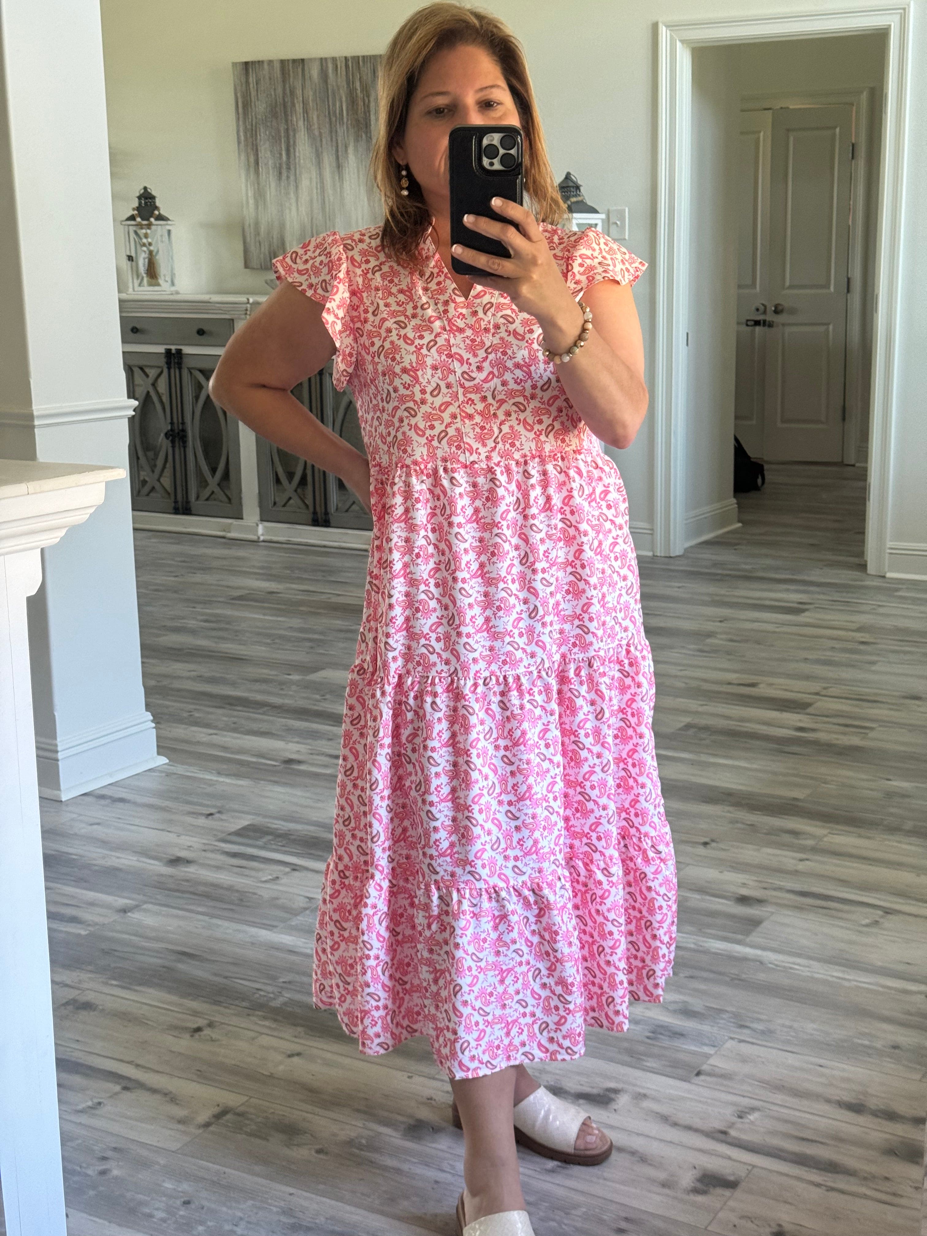 pink paisley midi dress Womens Love & Roses Pink Paisley Hanky Hem Tie Neck Midi Dress US 14