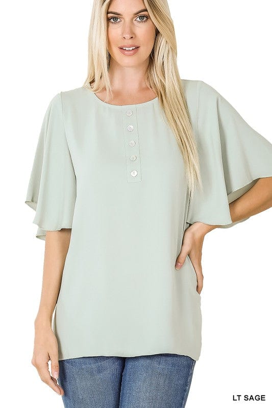 Woven Waterfall Sleeve Button Front Top