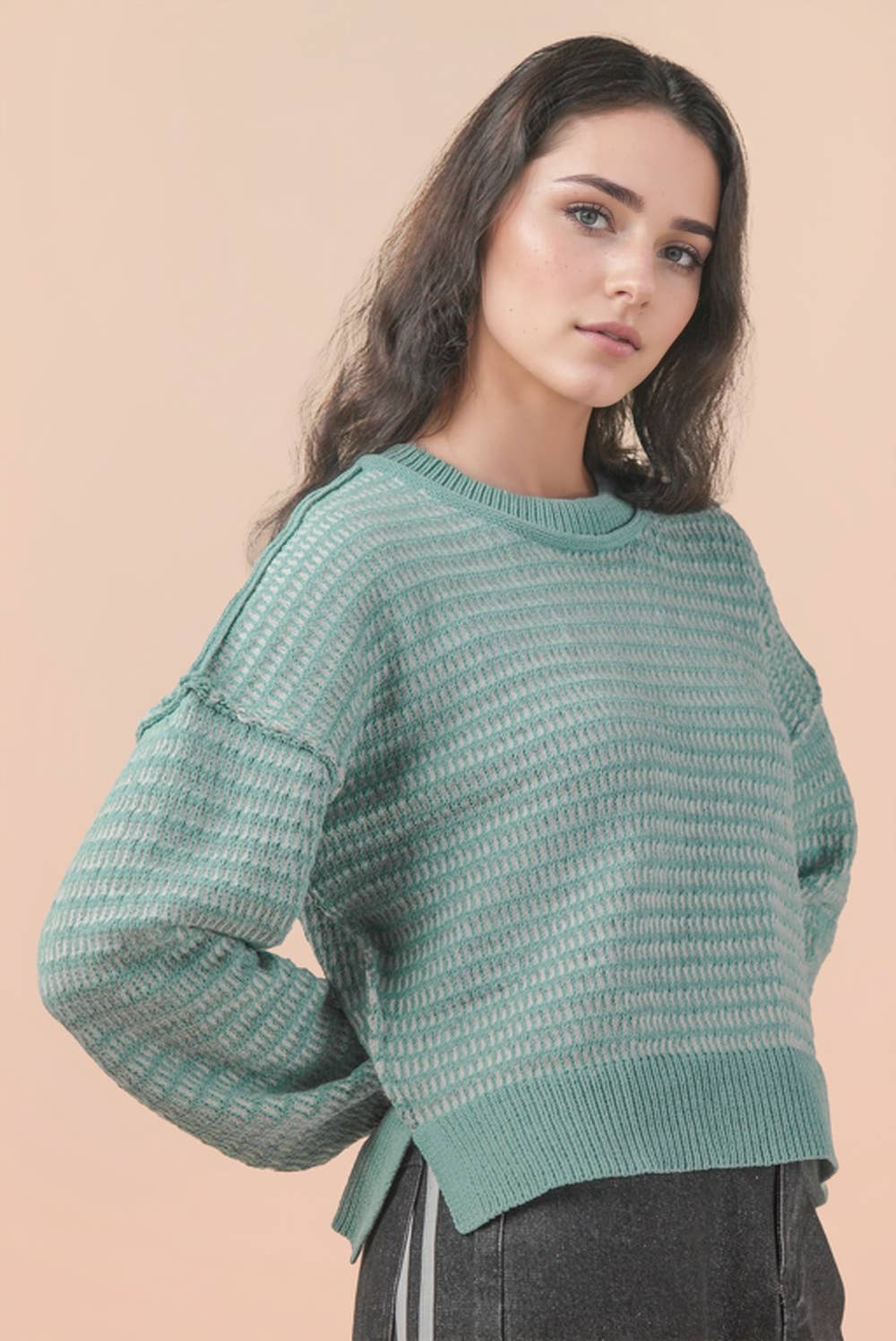 Maybe Two Tone Textured Knit Casual Sweater Top