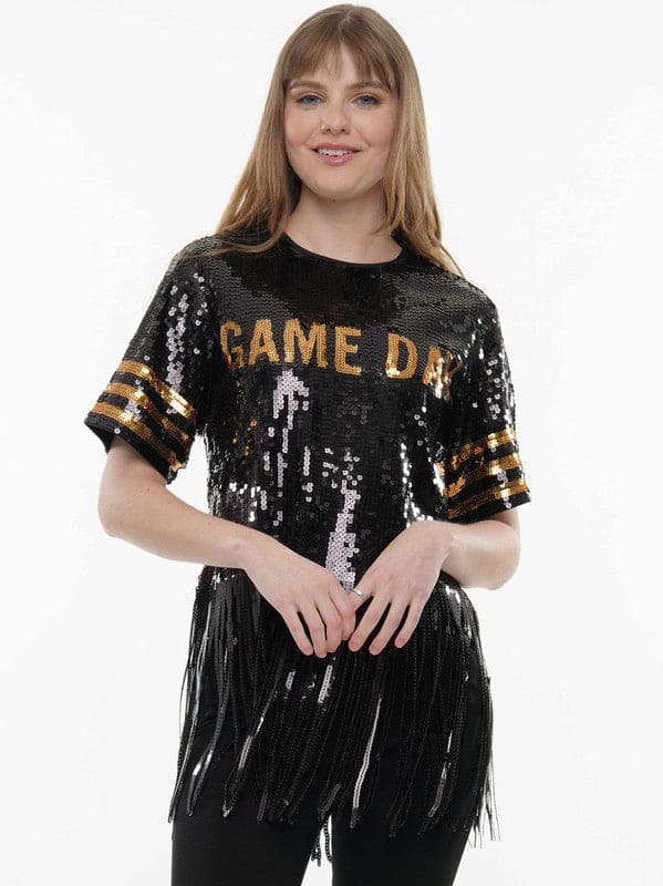 Black and Gold Game Day Fringe Sequin Top