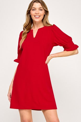 Red Solid Shift Dress with V-Neckline | Geaux Styles Small