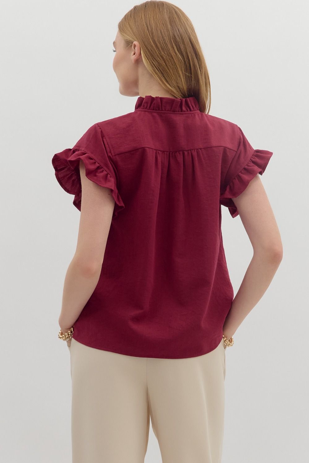 Burgundy ruffle sleeve