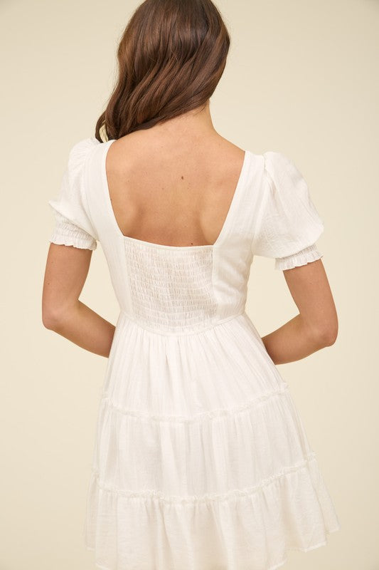 White square neck smocked detail tiered mini dress