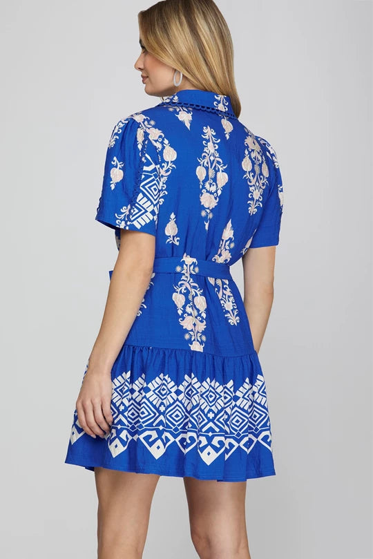 Cobalt blue collard V Neck border print dress