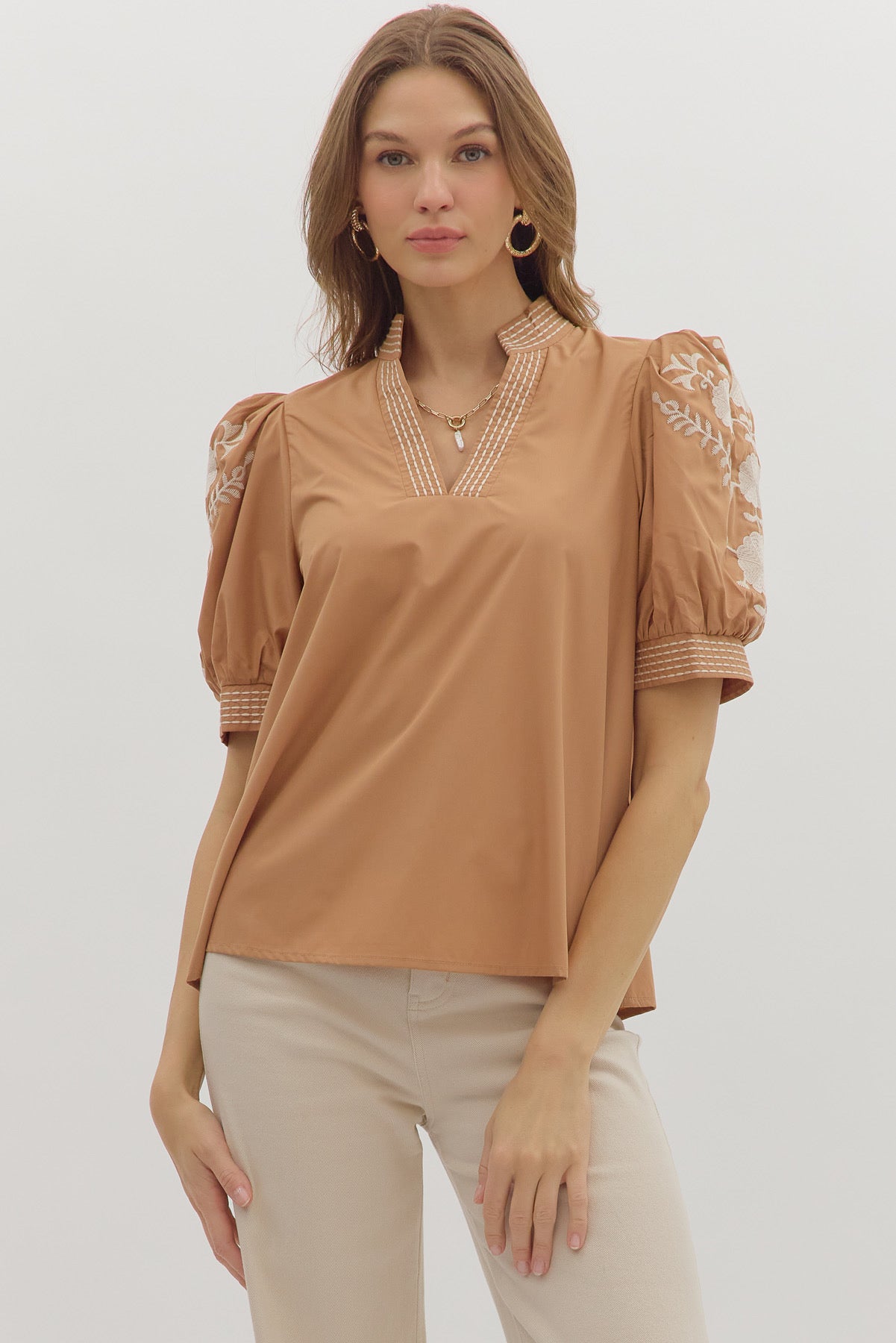 Camel embroidered sleeve top