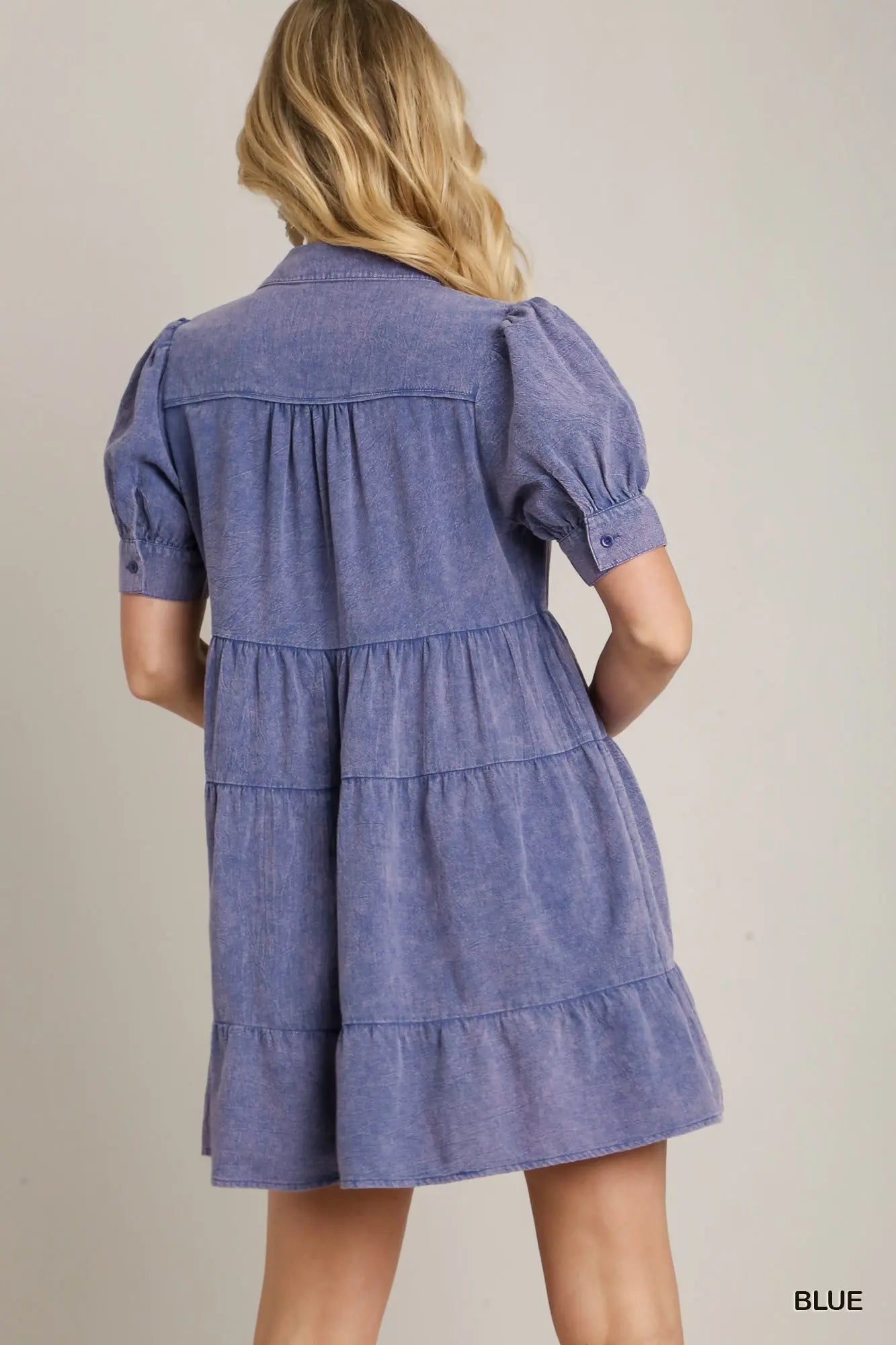 Blue mineral wash A-Line collared tiered dress