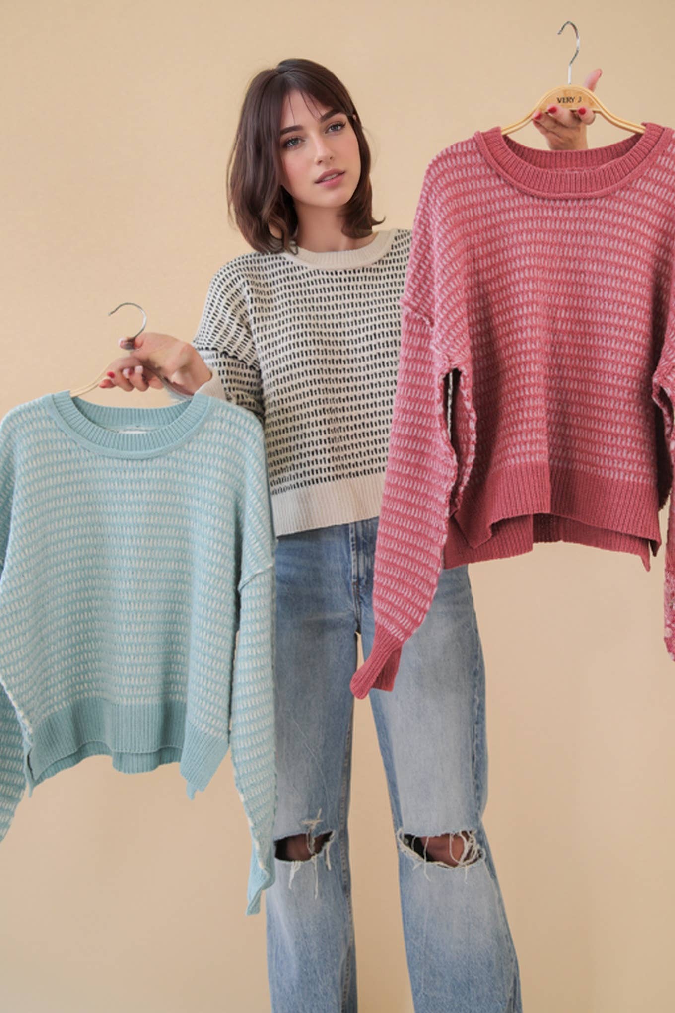 Maybe Two Tone Textured Knit Casual Sweater Top