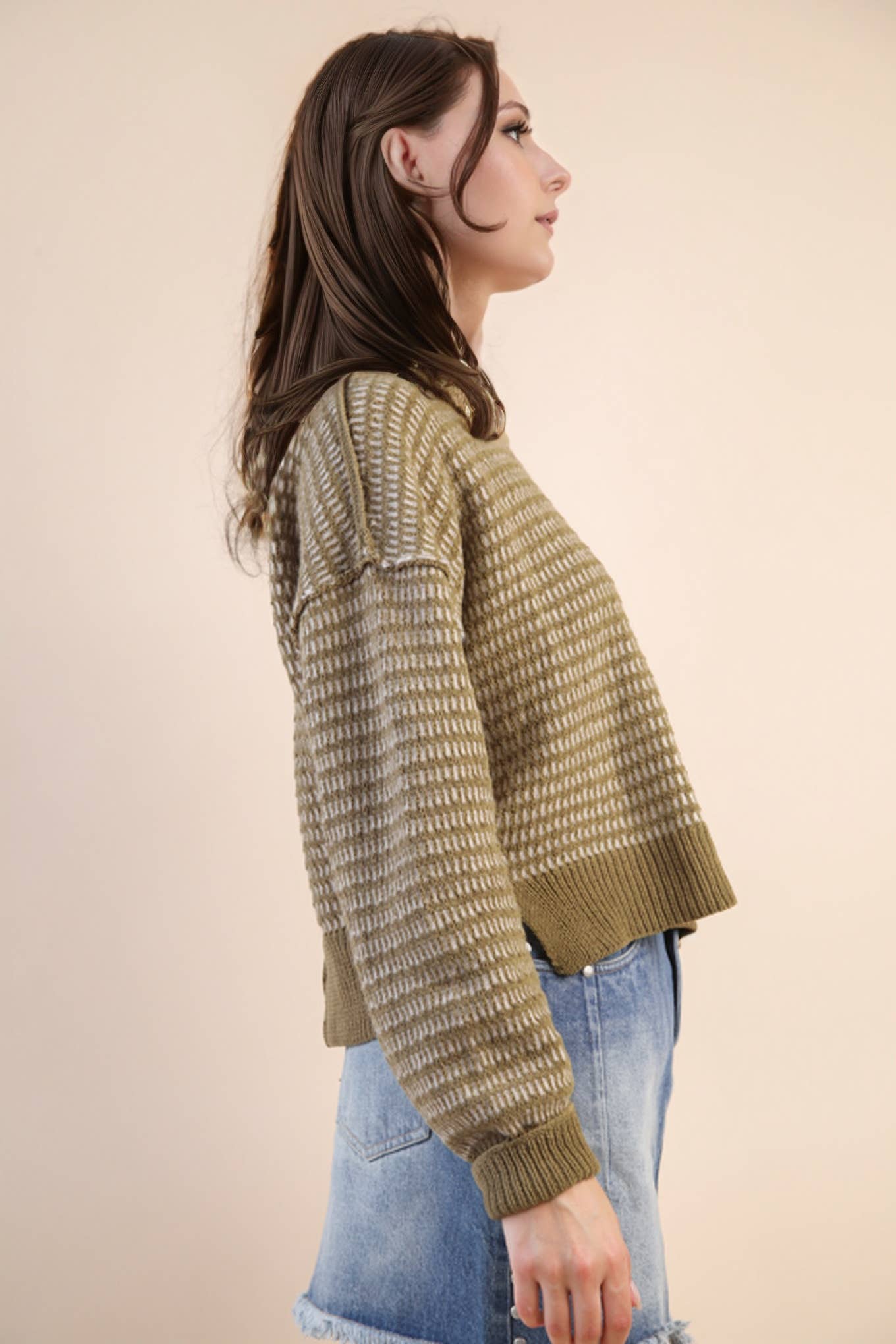 Maybe Two Tone Textured Knit Casual Sweater Top