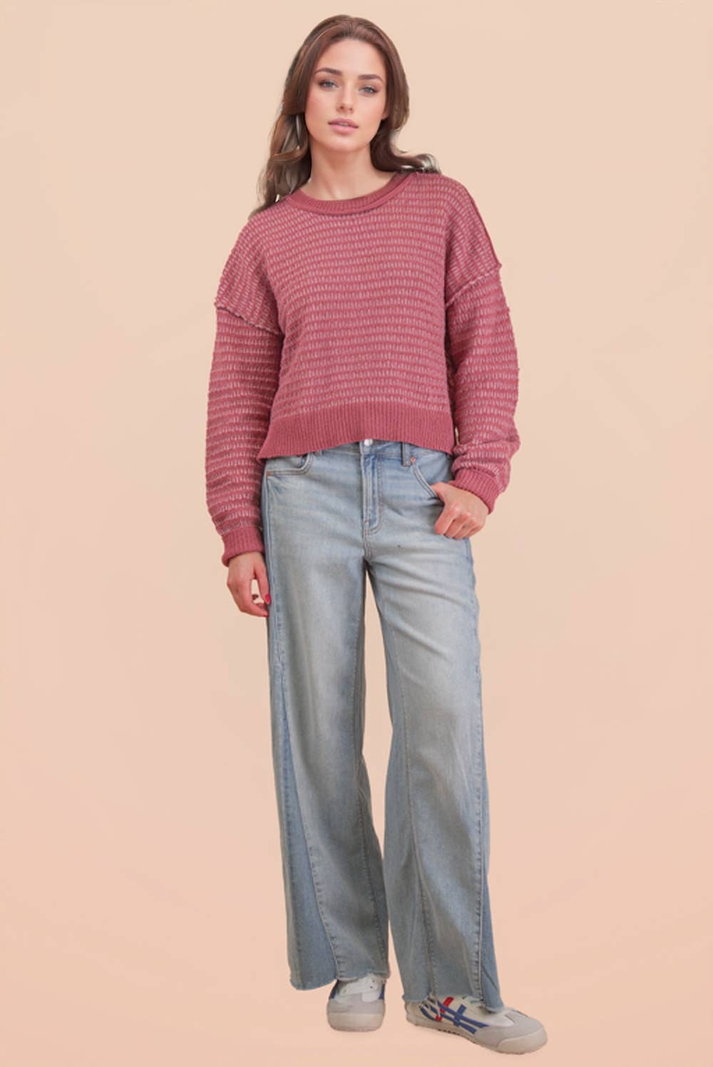 Maybe Two Tone Textured Knit Casual Sweater Top