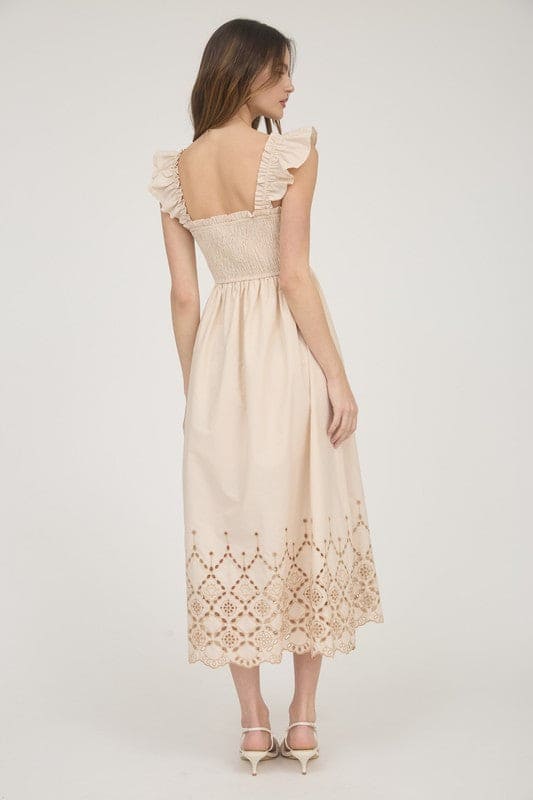 Lt. Khaki smocked ruffle eyelet midi dress