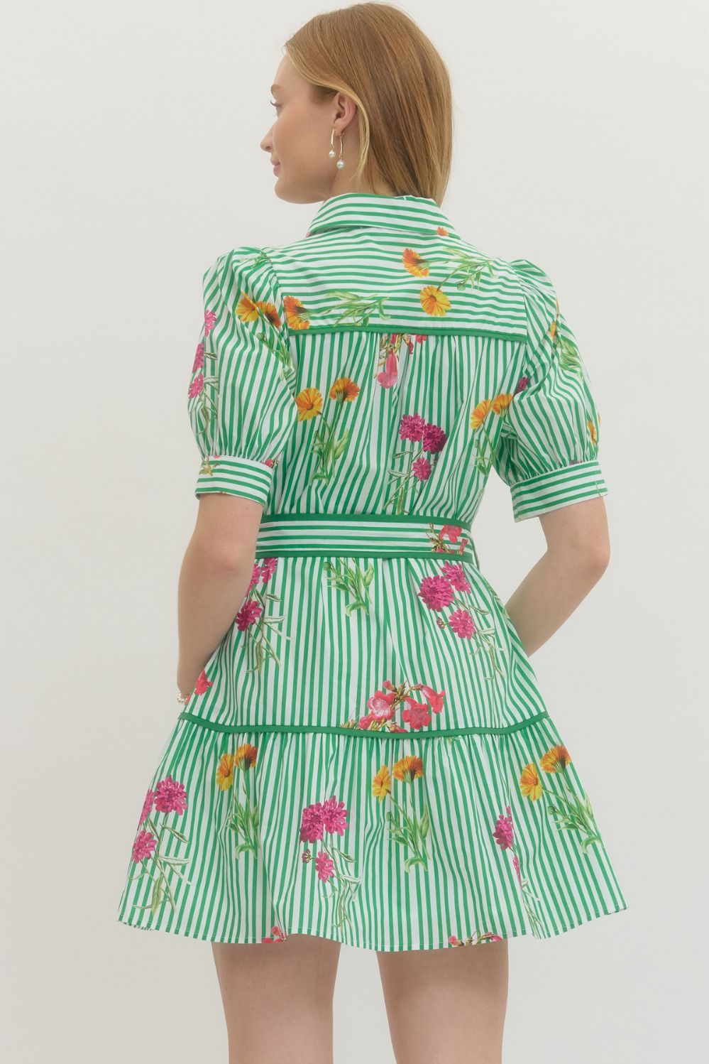 Green floral stripe short puff mini dress Large