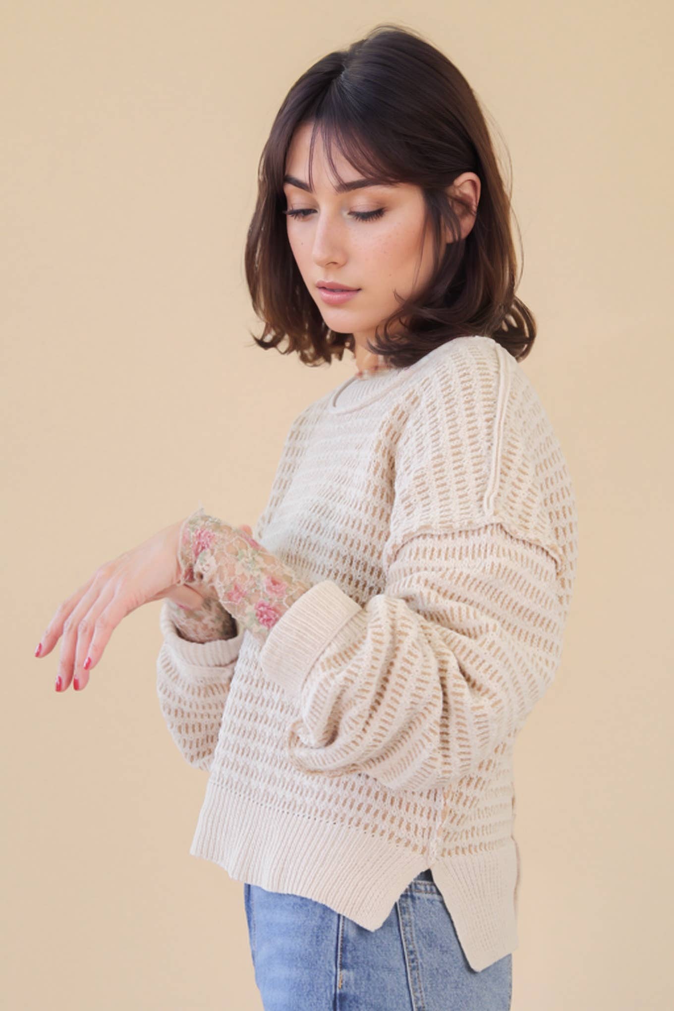Maybe Two Tone Textured Knit Casual Sweater Top
