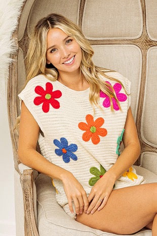 Crochet flower embroidery knit top