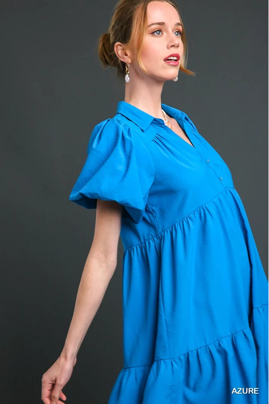 Blue short tiered collard dress