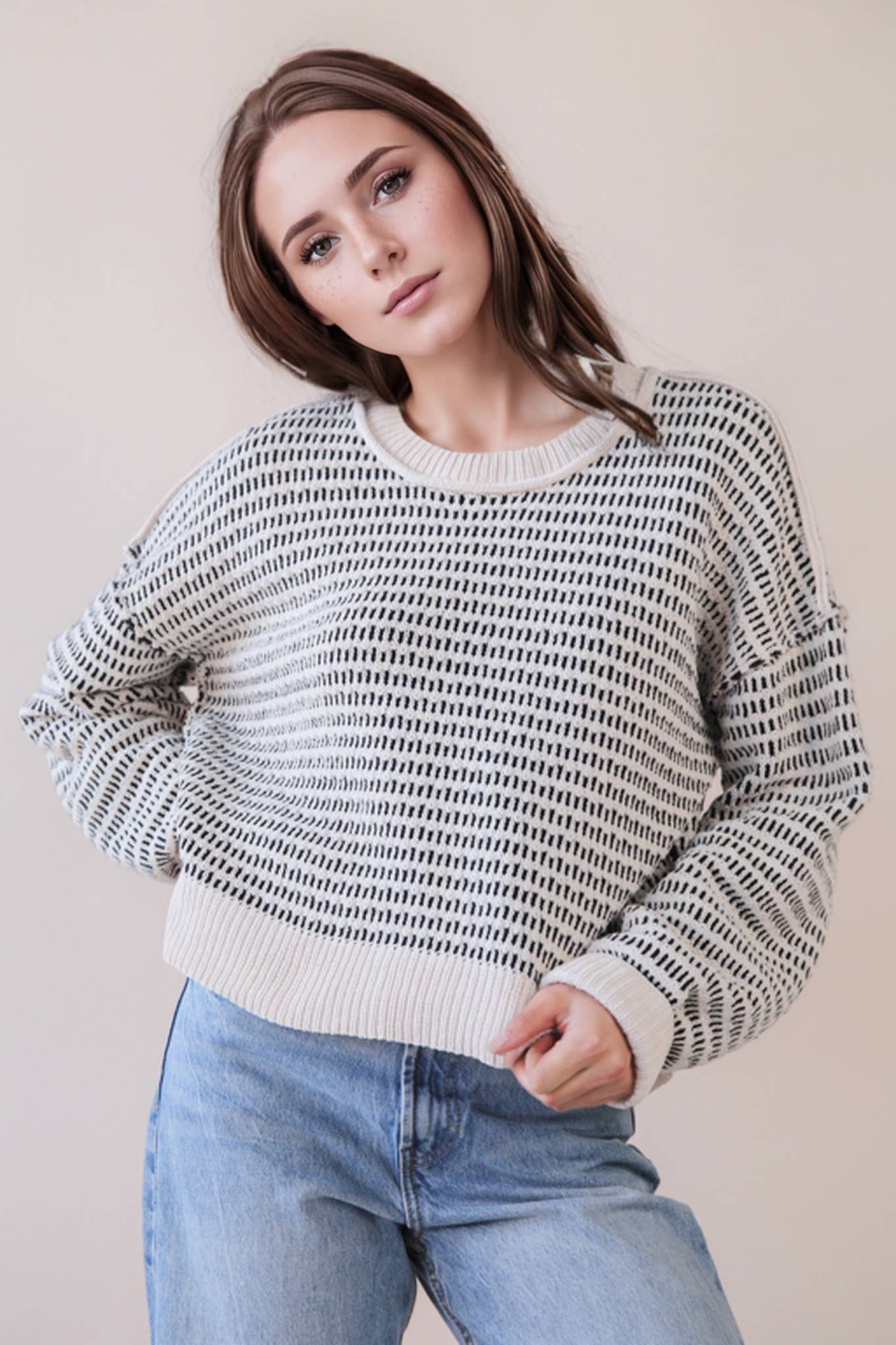Maybe Two Tone Textured Knit Casual Sweater Top