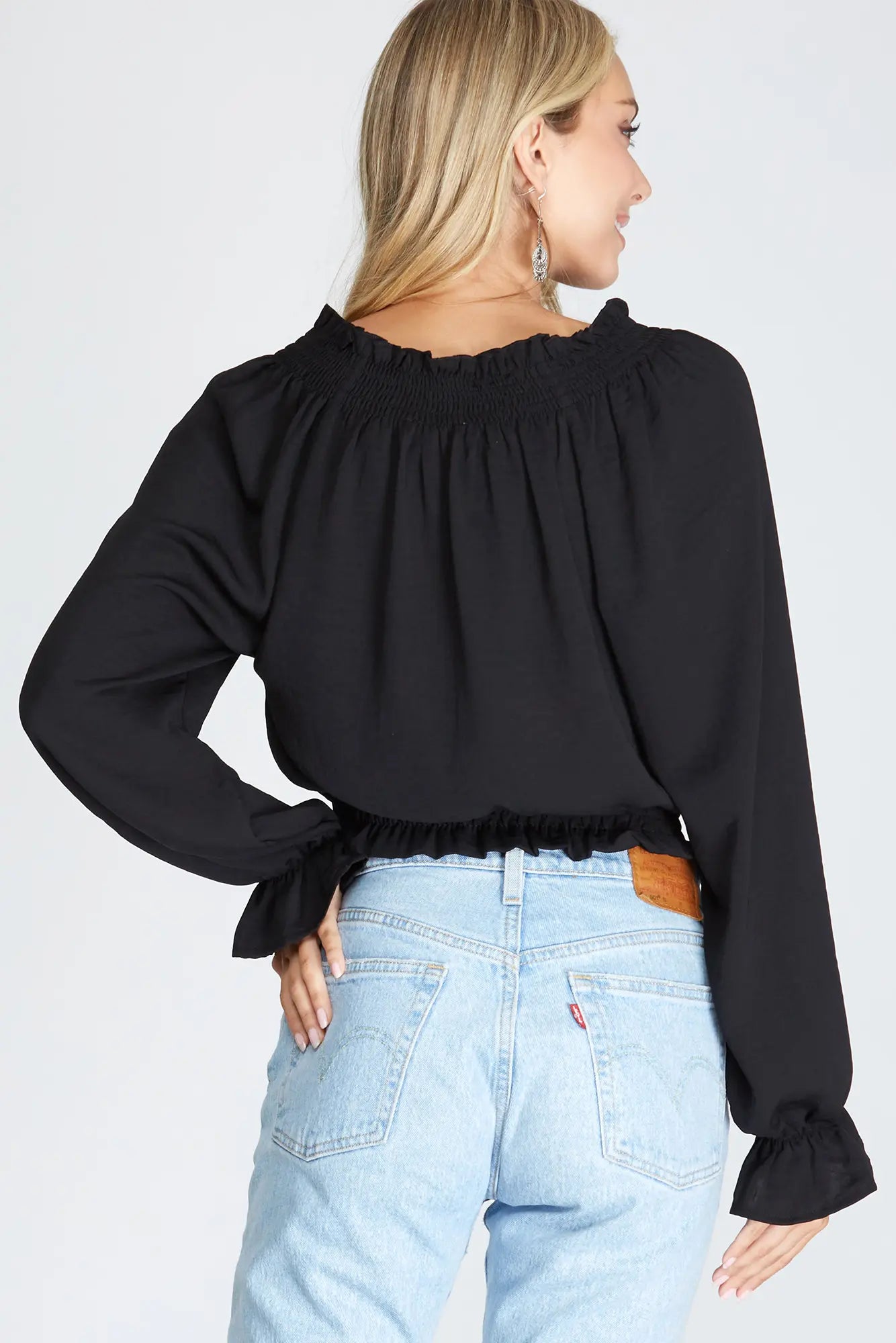Black smocked waist top