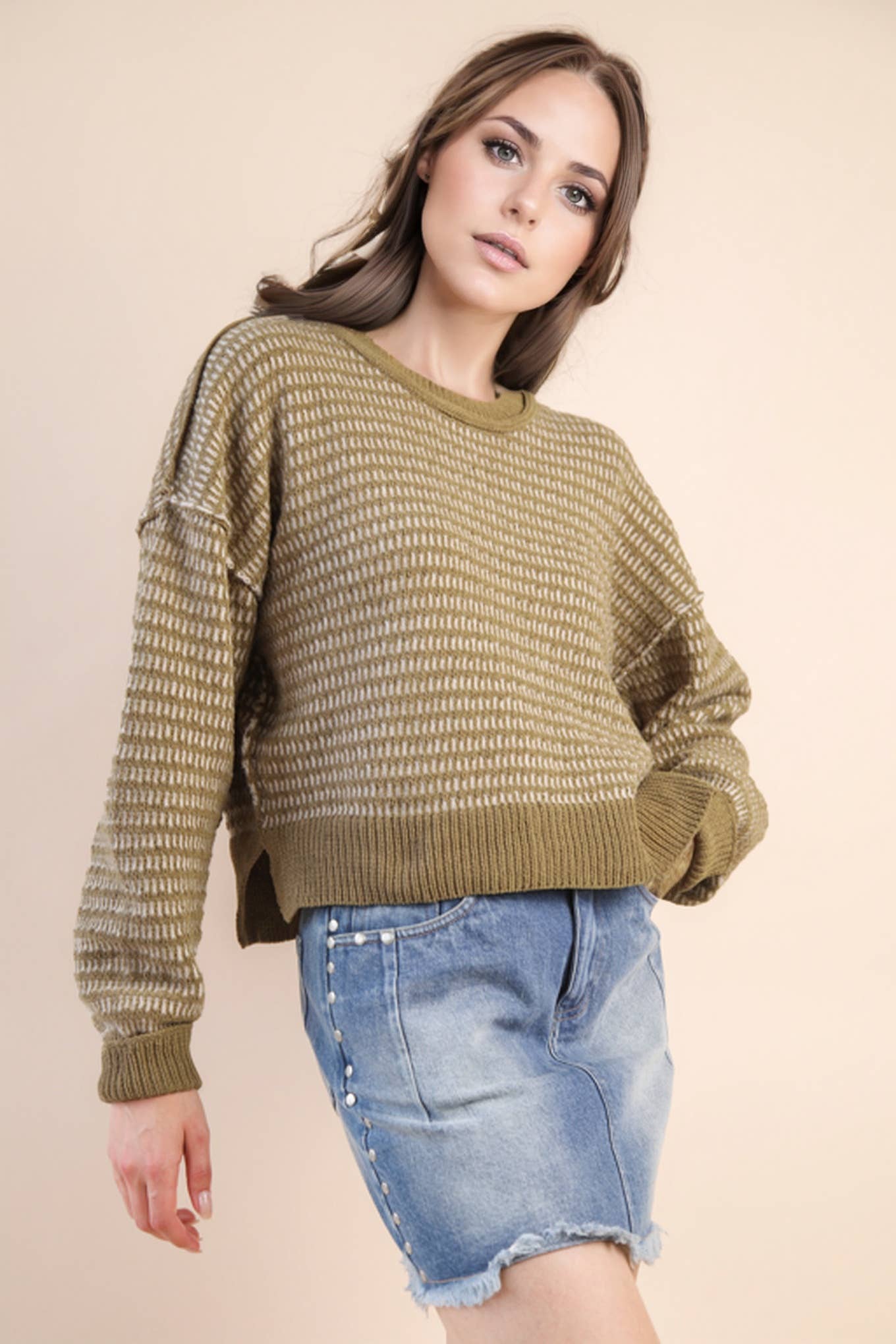 Maybe Two Tone Textured Knit Casual Sweater Top