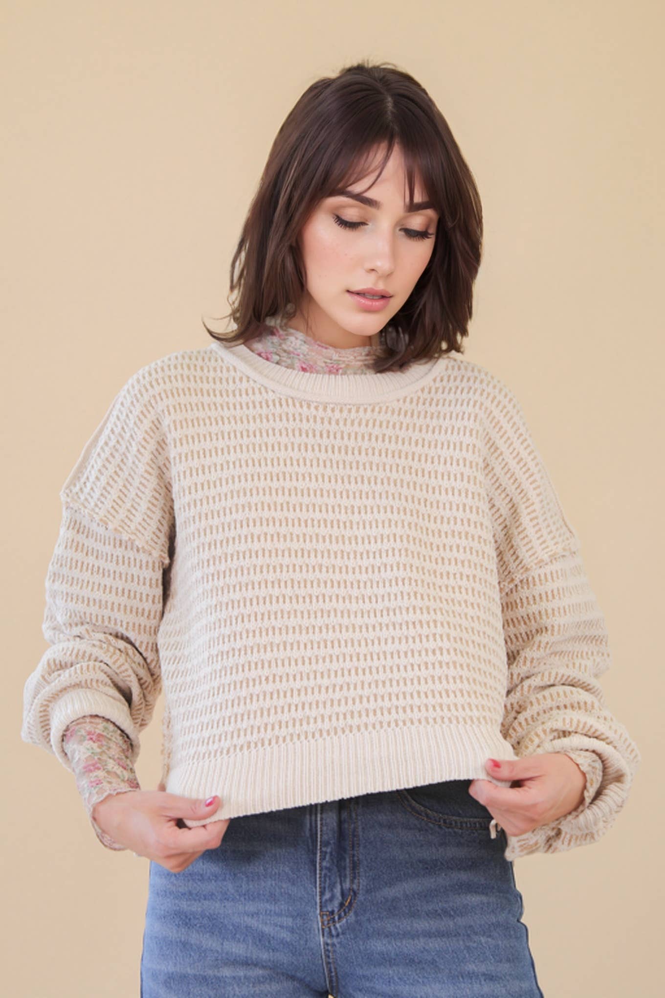 Maybe Two Tone Textured Knit Casual Sweater Top