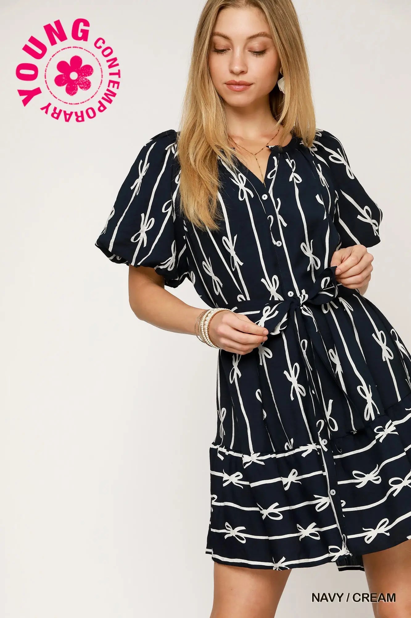 Navy bow print dress