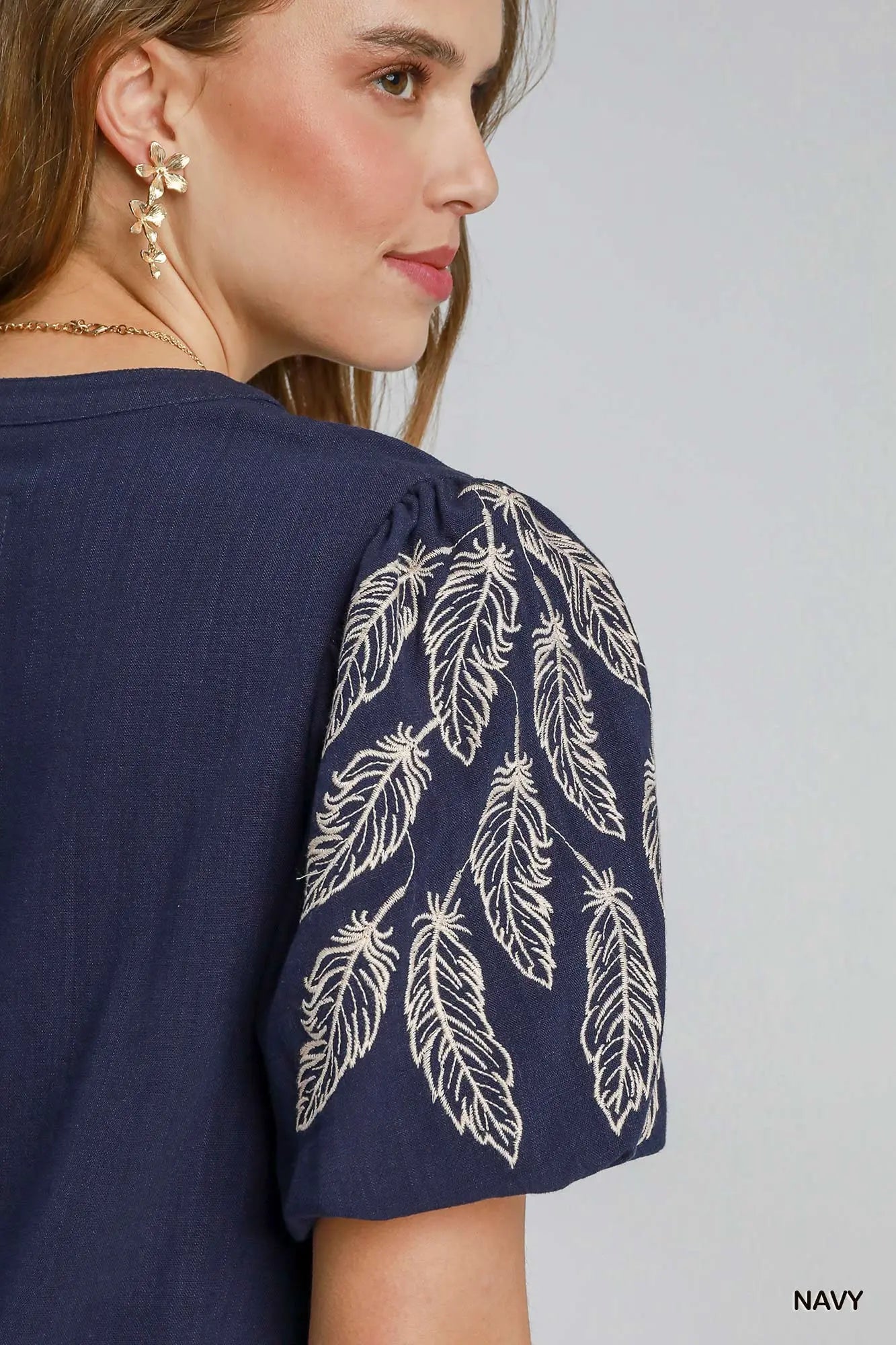 Navy linen blend embroidered Top with bubble sleeves