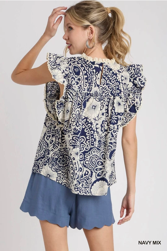 Navy cream flutter sleeve top