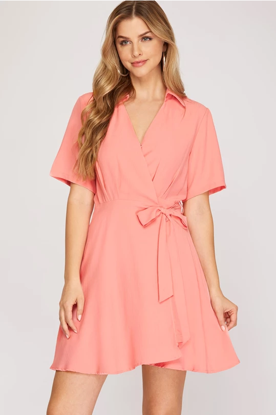 Coral pink wrap dress