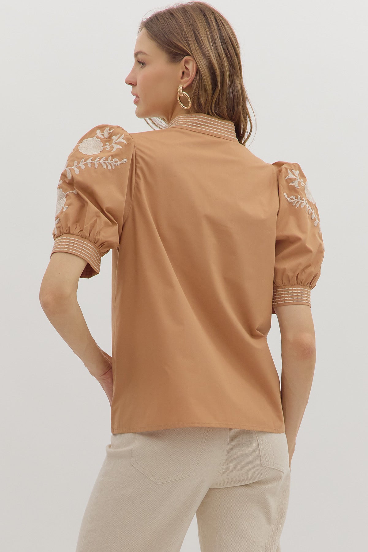 Camel embroidered sleeve top