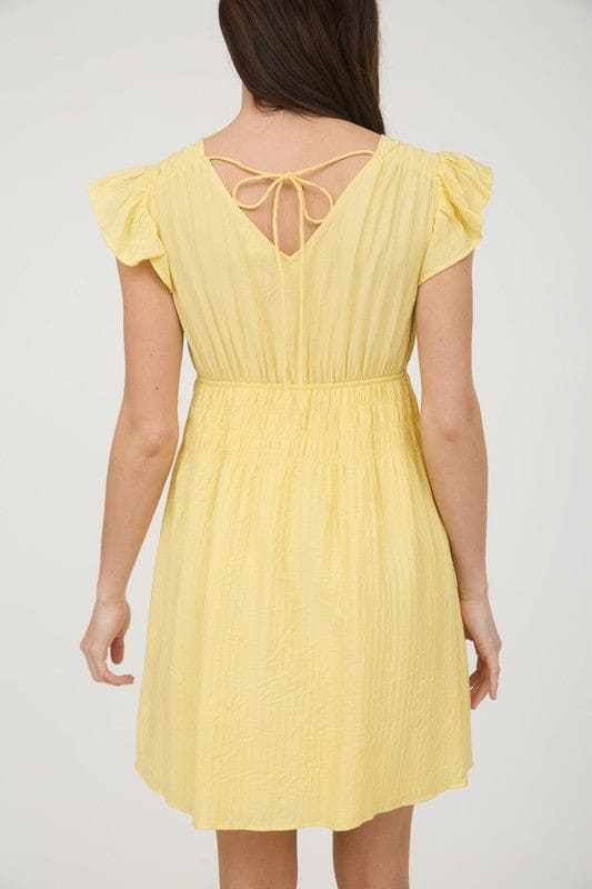 Yellow V neck shirred waist dress