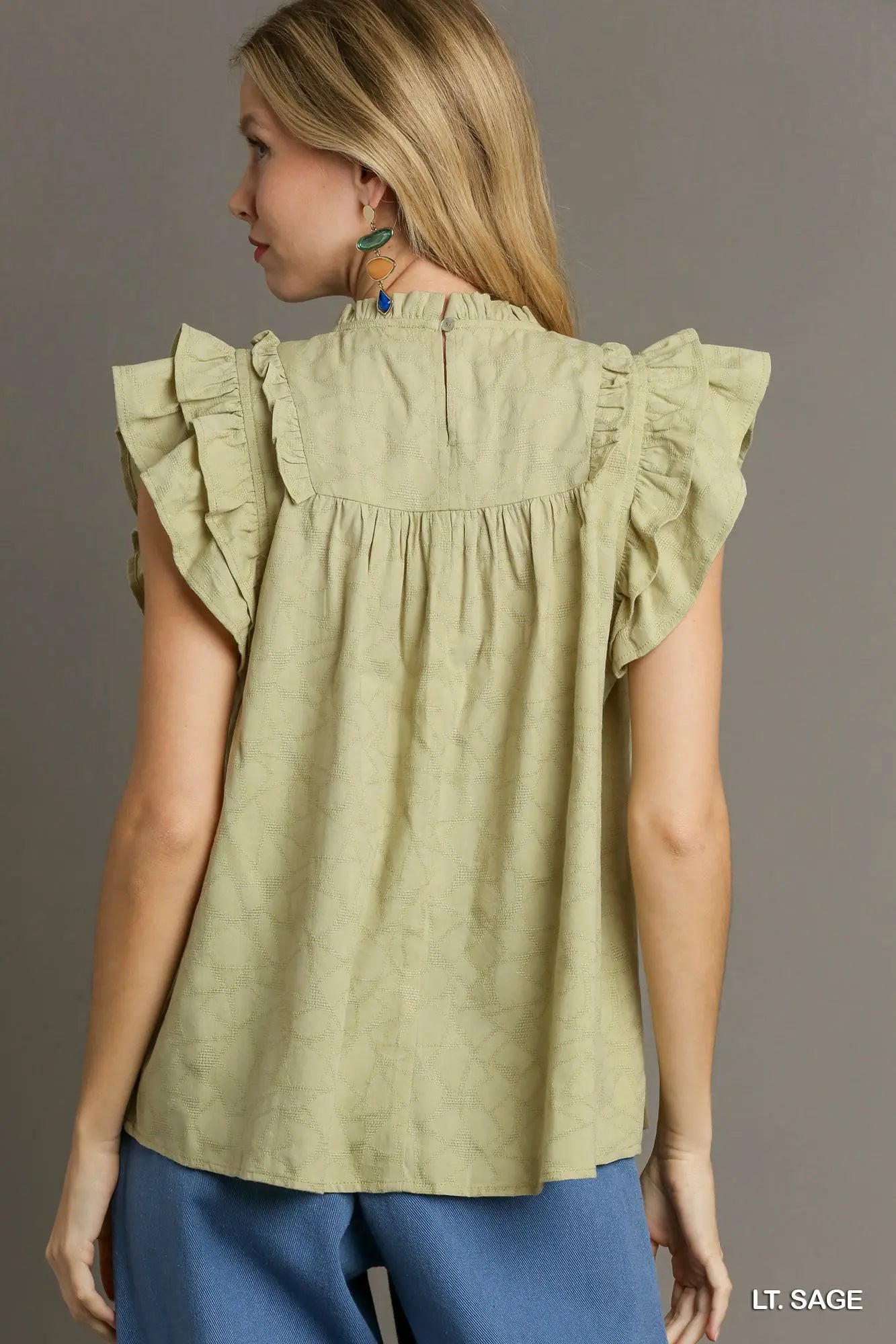 Sage Ruffle round neck boxy top