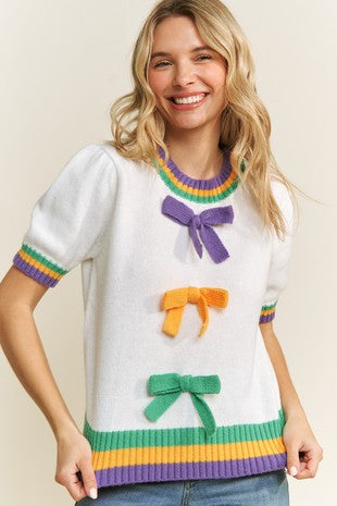 Mardi Gras white bow detail puff sleeve sweater