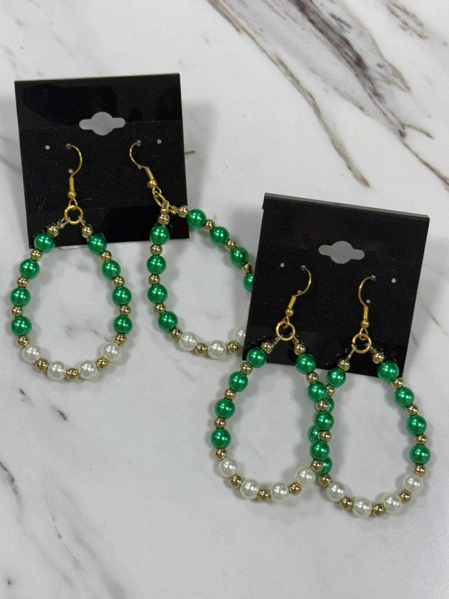 Green white bead earrings
