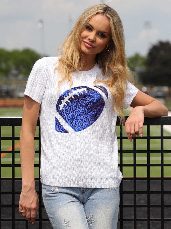 Game Day Sequin shirt with Sequin football Large / St. Pauls / Mandeville White and Royal