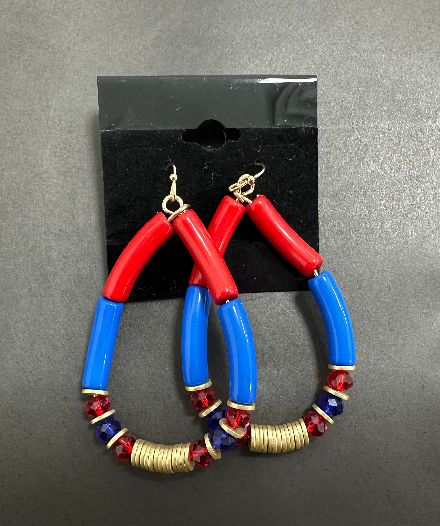 Red, blue, gold earrings