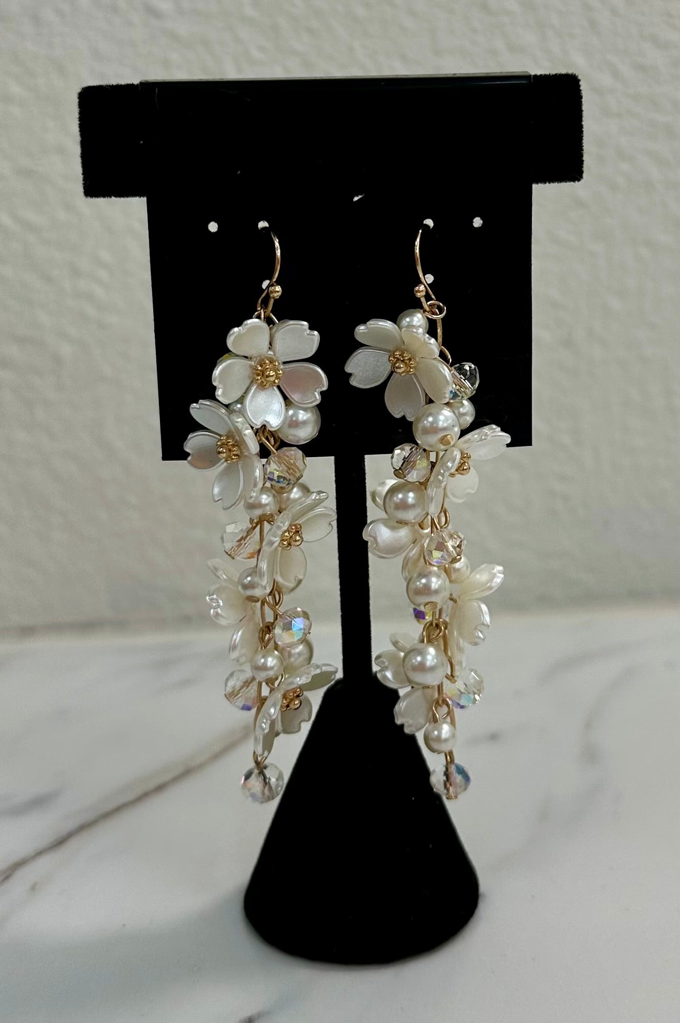 Gold Pearl Flower Dangle Earrings