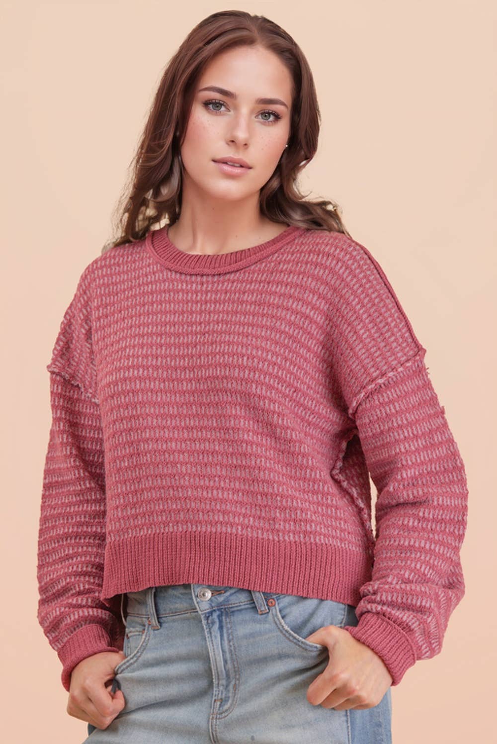Maybe Two Tone Textured Knit Casual Sweater Top