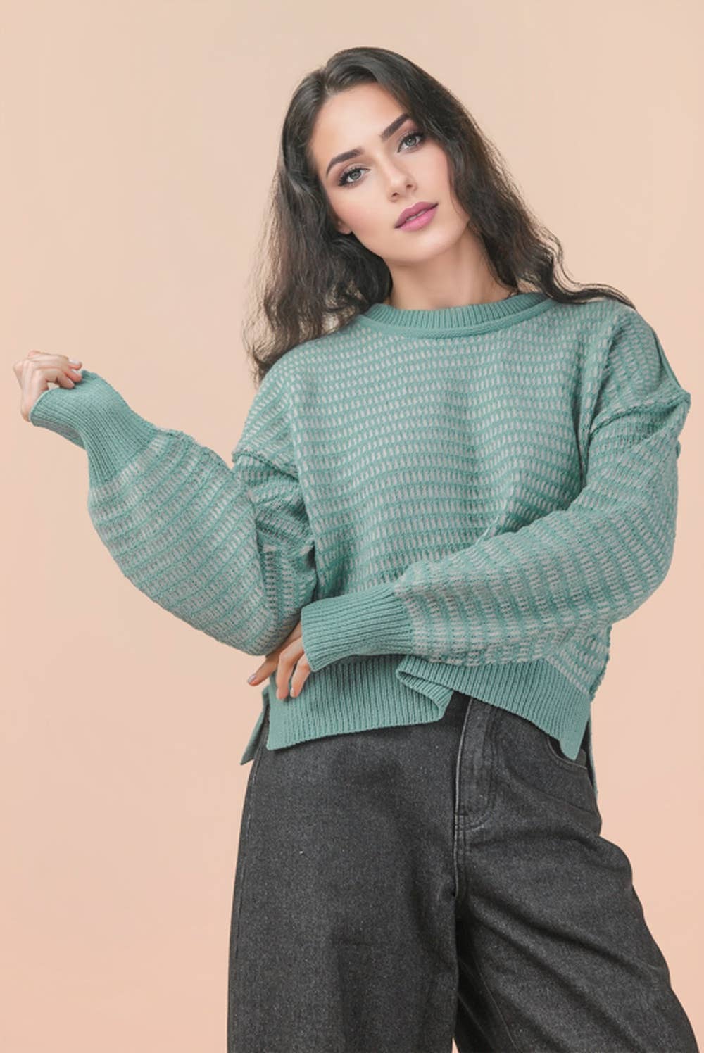 Maybe Two Tone Textured Knit Casual Sweater Top