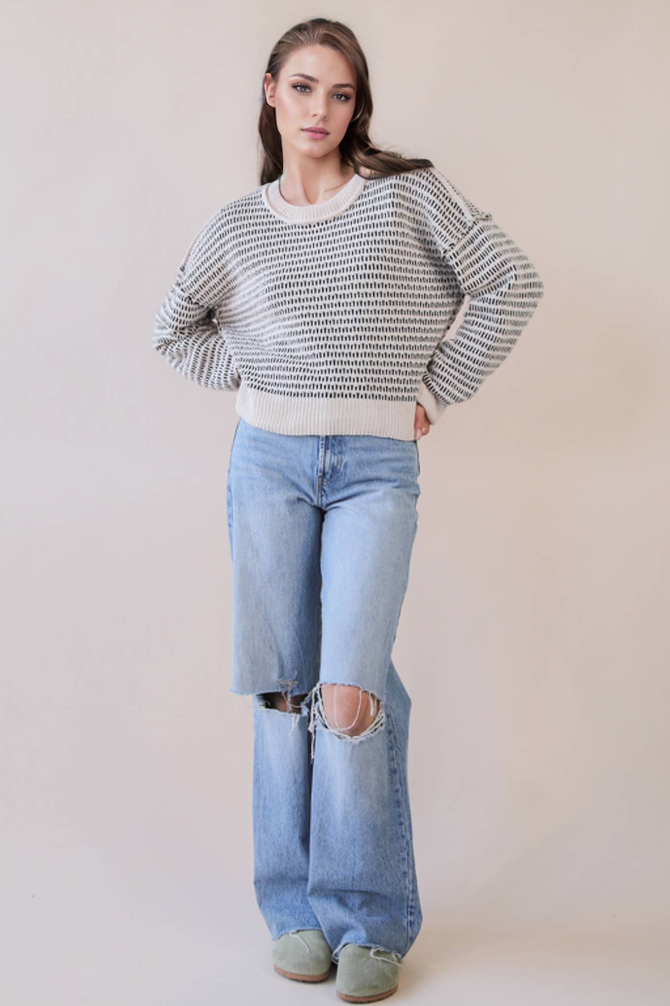 Maybe Two Tone Textured Knit Casual Sweater Top