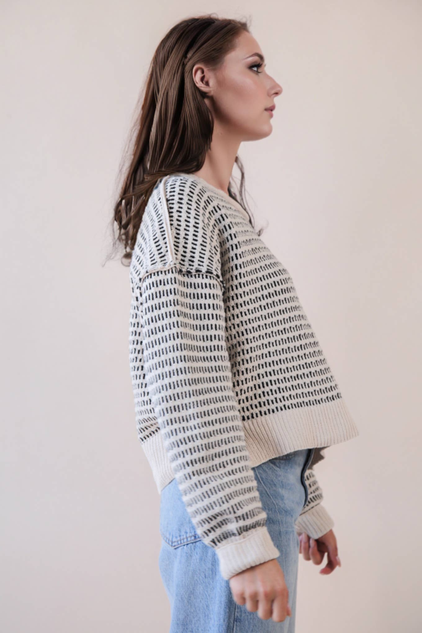 Maybe Two Tone Textured Knit Casual Sweater Top