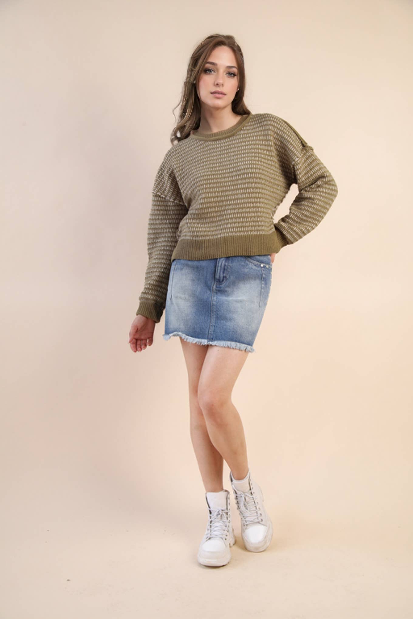 Maybe Two Tone Textured Knit Casual Sweater Top