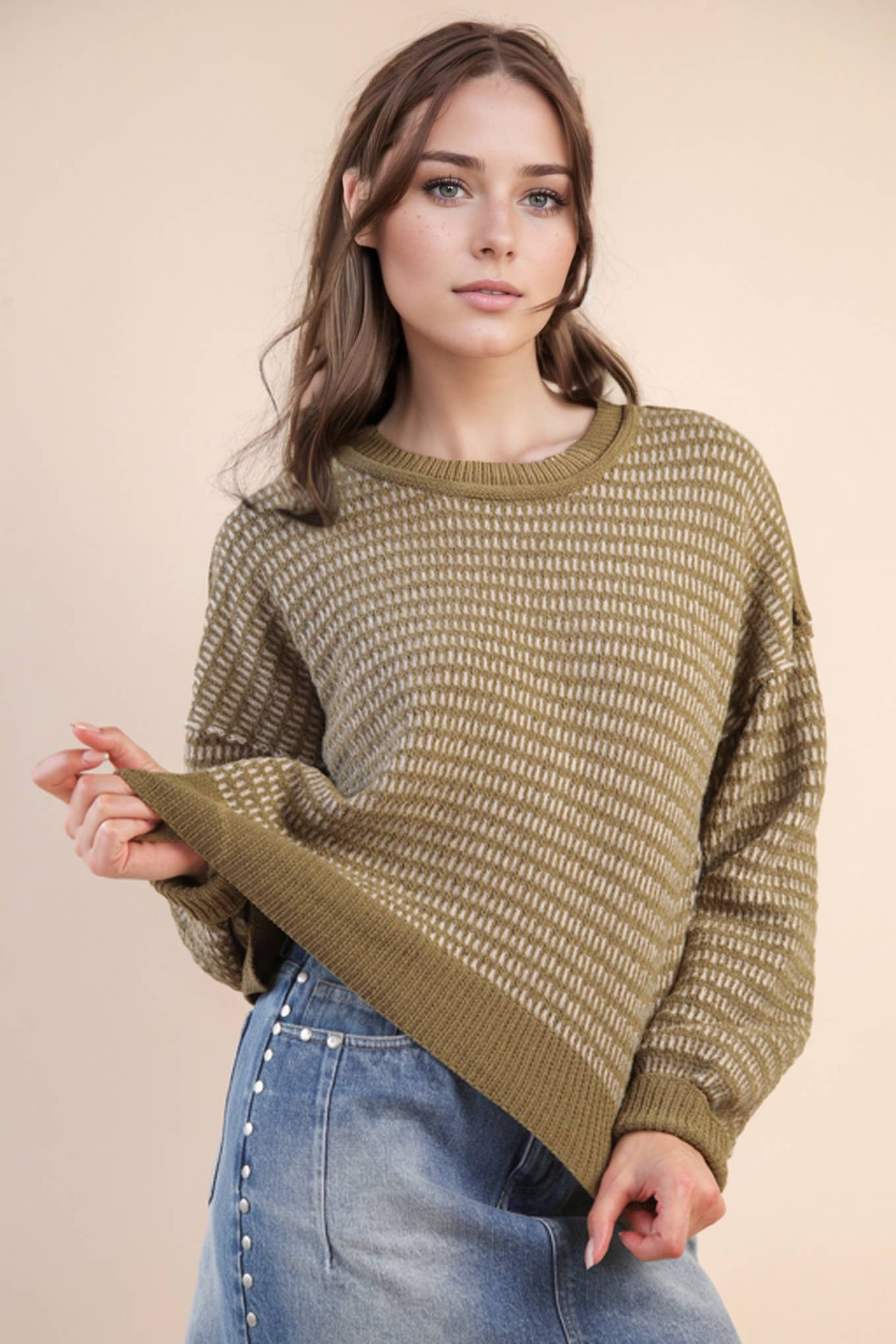 Maybe Two Tone Textured Knit Casual Sweater Top