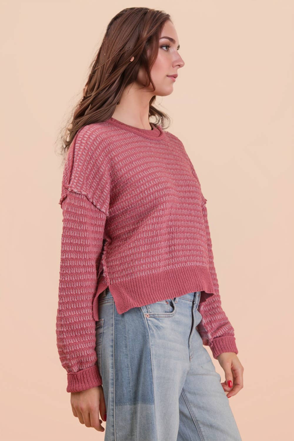 Maybe Two Tone Textured Knit Casual Sweater Top