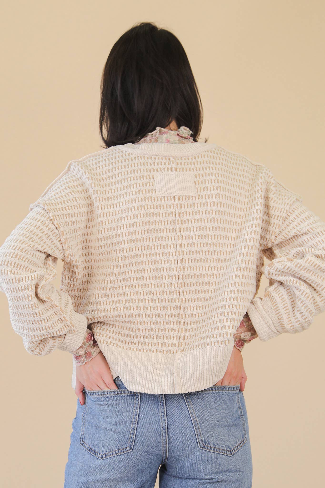 Maybe Two Tone Textured Knit Casual Sweater Top