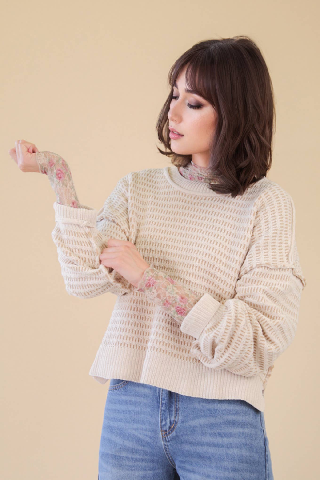 Maybe Two Tone Textured Knit Casual Sweater Top