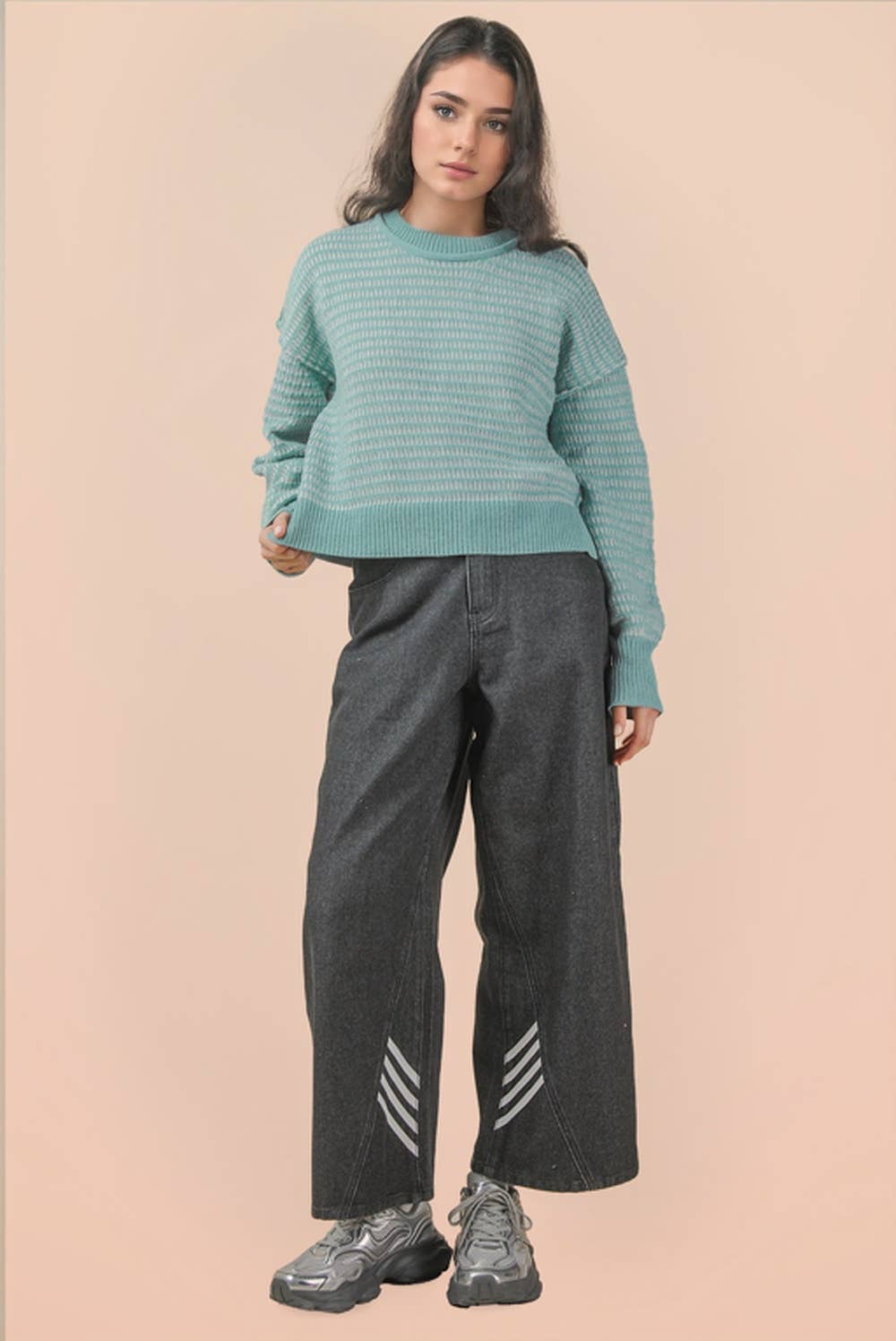 Maybe Two Tone Textured Knit Casual Sweater Top