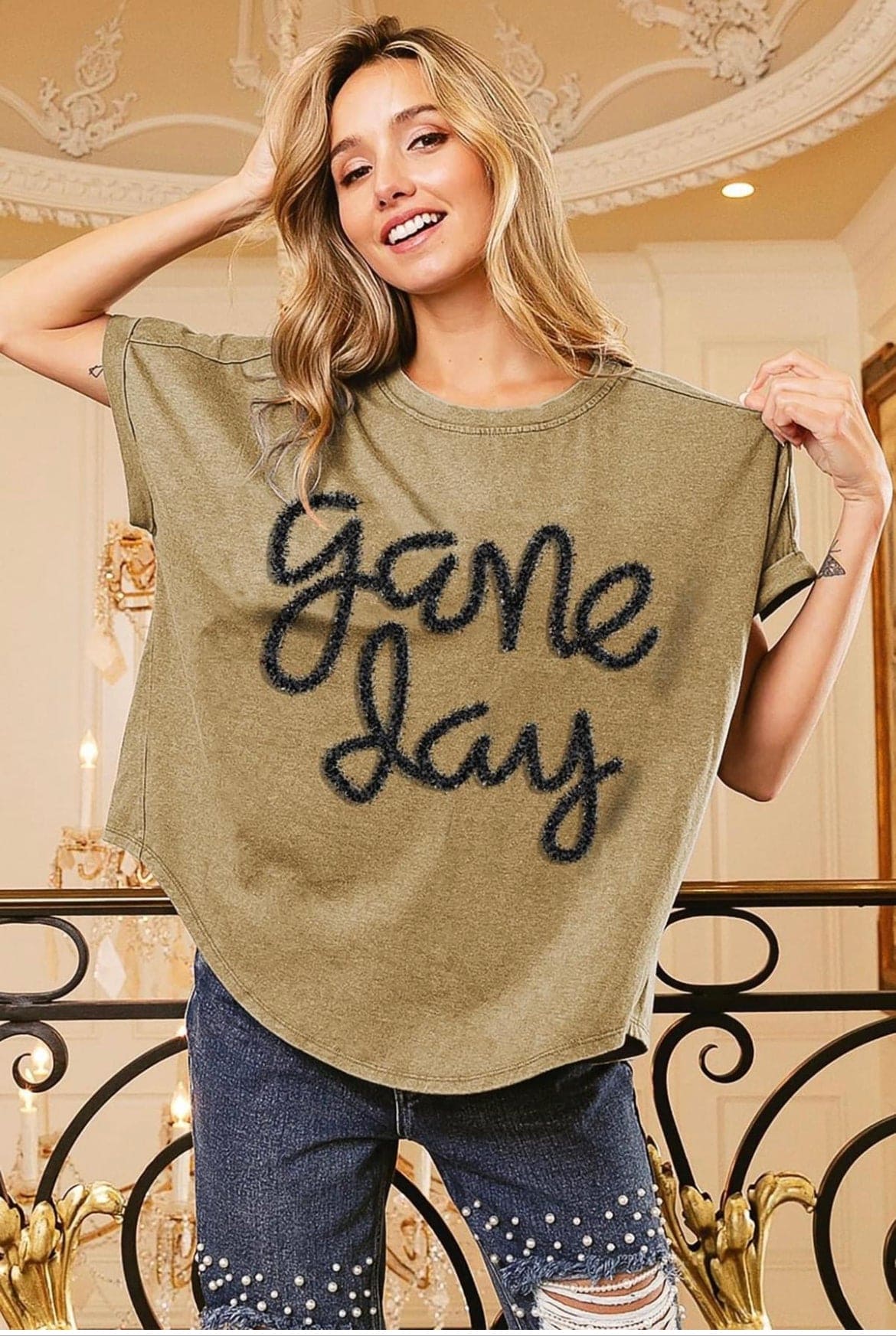 Game Day metallic letter vintage washed top