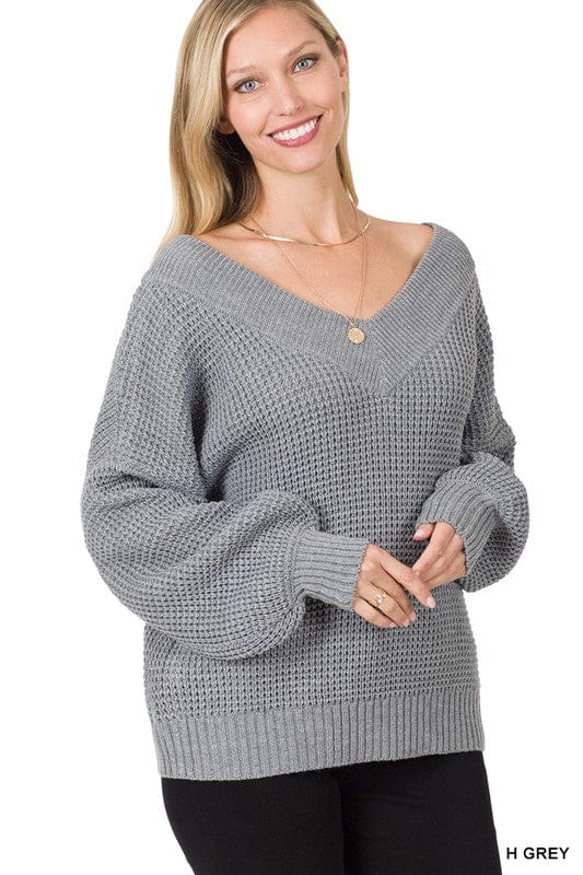 BALLOON SLEEVE WIDE DOUBLE V-NECK WAFFLE SWEATER