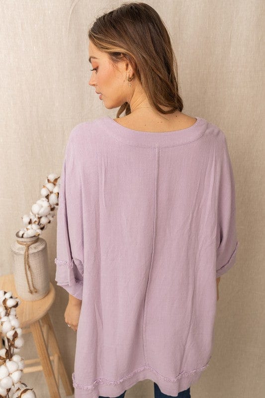 Lavender 3/4 Sleeve Solid Woven Top With a Pocket