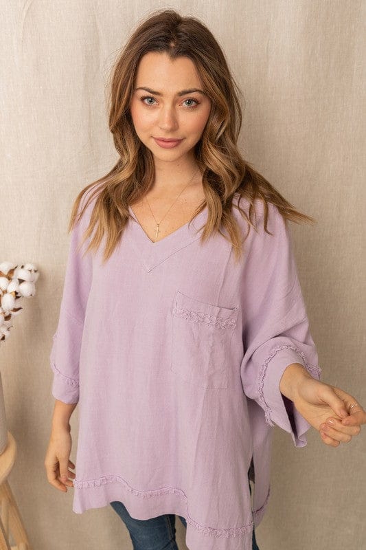 Lavender 3/4 Sleeve Solid Woven Top With a Pocket